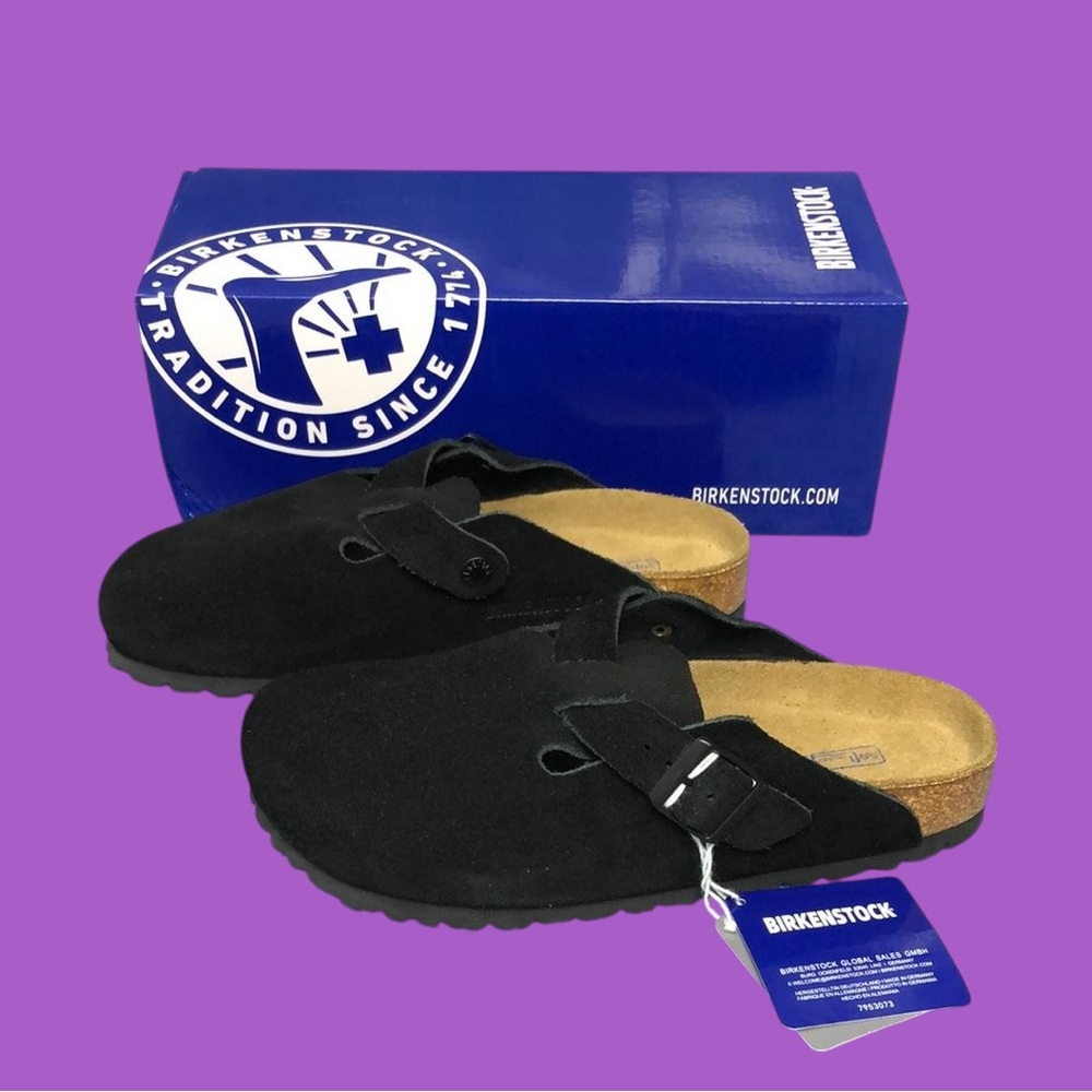 Birkenstock Boston Black Suede Slip-Ons Narrow Fit